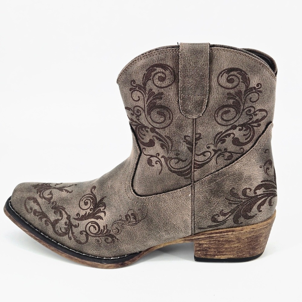 Roper Womens Short Stuff Brown Laser Embroidered Western Ankle Boots 9 40 Zip